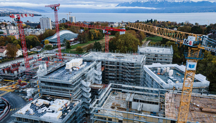 Eine Luftaufnahme des Eglantine-Viertels in Morges