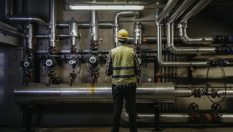 Ein Heizungsinstallateur führt die Wartung einer industriellen Heizungsanlage durch