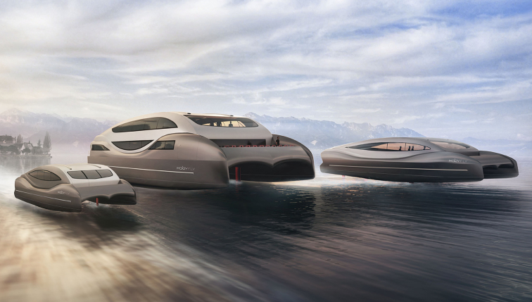 Trois bateaux futuristes du Groupe E flottant au-dessus de l'eau grâce à des hydrofoils. Ces navires, de tailles différentes, présentent des lignes modernes, aérodynamiques et des fenêtres panoramiques, symbolisant l'engagement du Groupe E pour l'innovation et la technologie de pointe dans le domaine des transports. Ils évoluent silencieusement sur un lac entouré de montagnes, avec un ciel légèrement nuageux en arrière-plan, illustrant la vision durable du Groupe E pour des solutions énergétiques modernes.