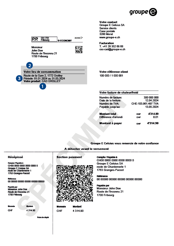 exemple de facture de chauffage à distance de Groupe E