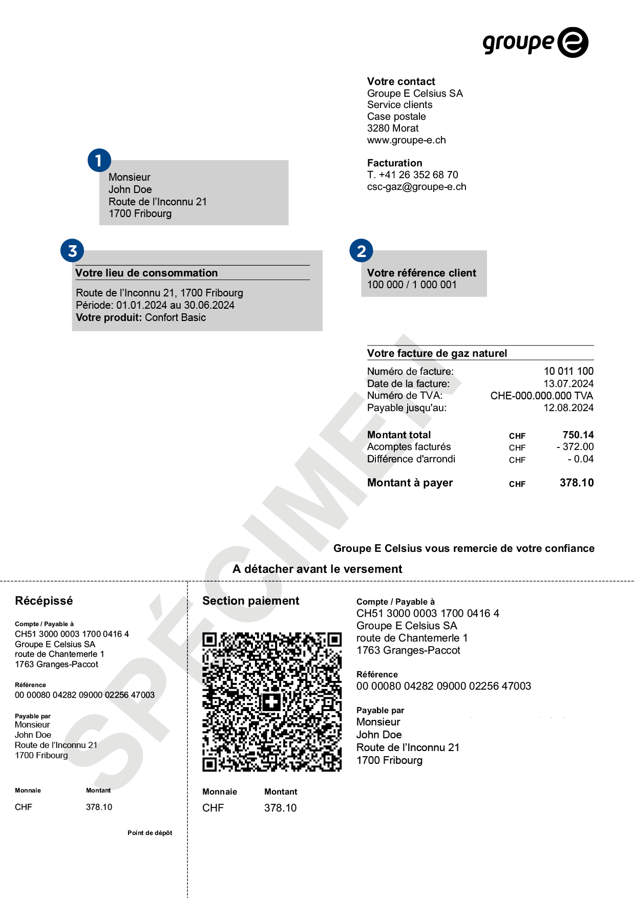 Exemple de facture pour le gaz chez Groupe E