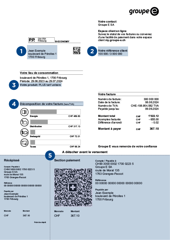 exemple de facture d'électricité de Groupe E