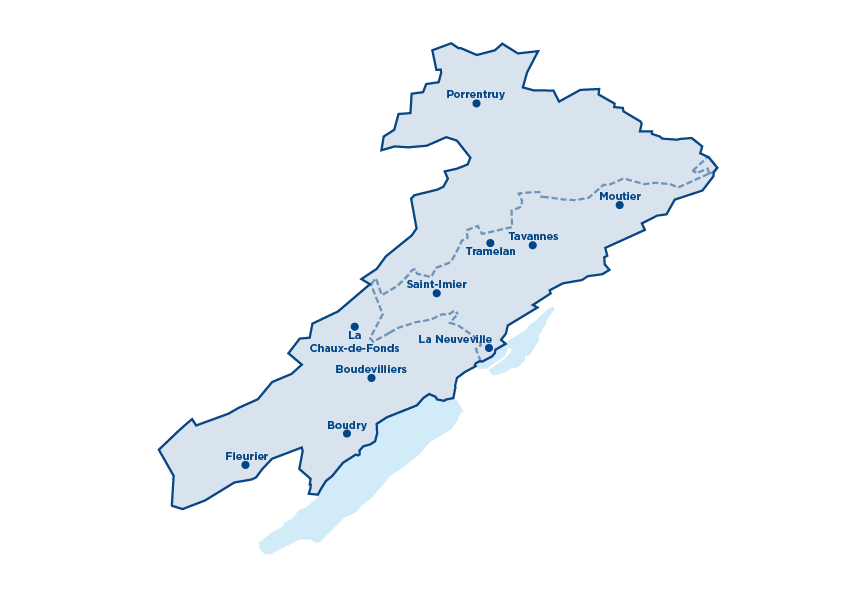 Carte représentant la présence de Groupe E dans les régions de Neuchâtel, du Jura et du Jura bernois